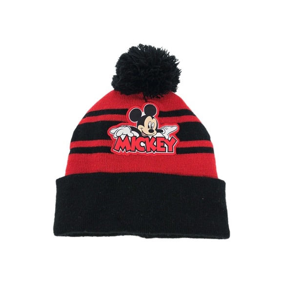 Disney‎ Junior Mickey Mouse One Size Fit Alls Winter Hat Beanie Pom Black Red - Picture 1 of 4